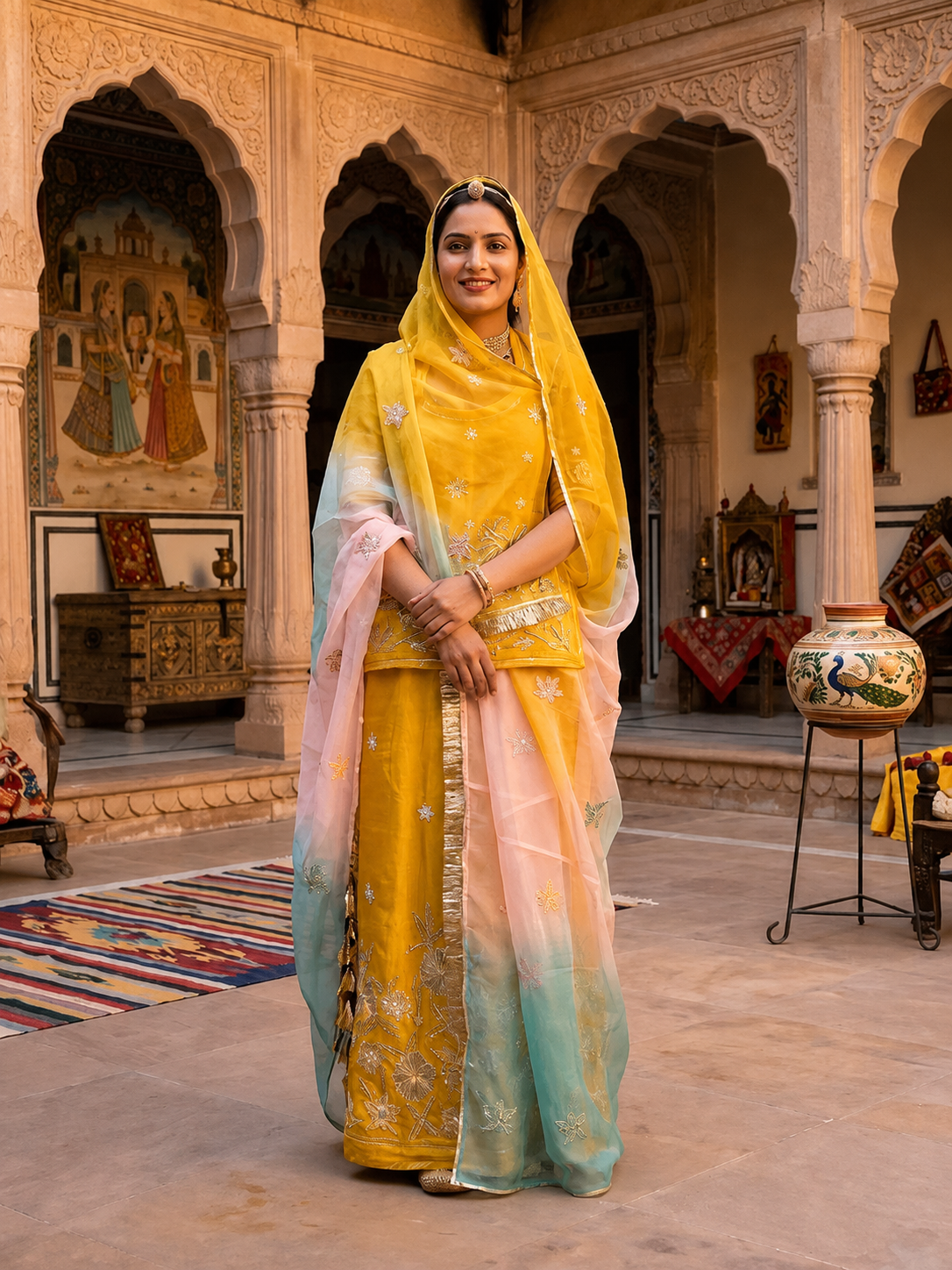 Royal Sunshine Yellow Embroidered Lehenga Set with Pastel Organza Dupatta