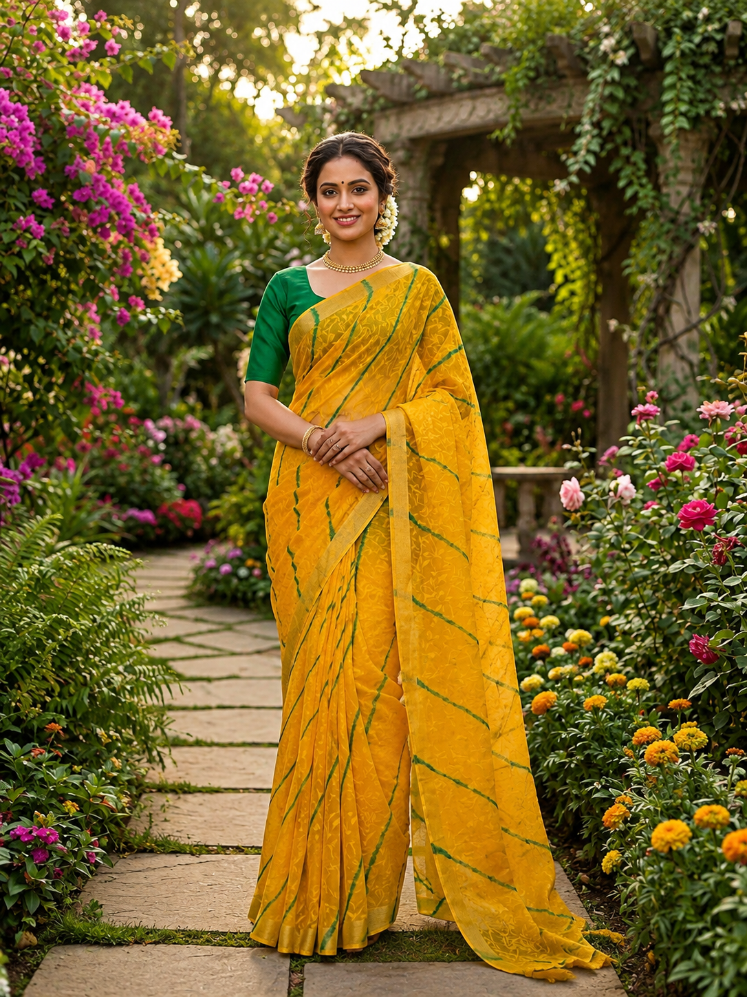 Sunshine Yellow Floral Saree with Green Designer Blouse