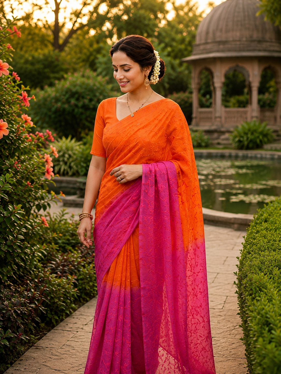 Work in doriya kota saree Sunset Bloom Orange & Pink Designer