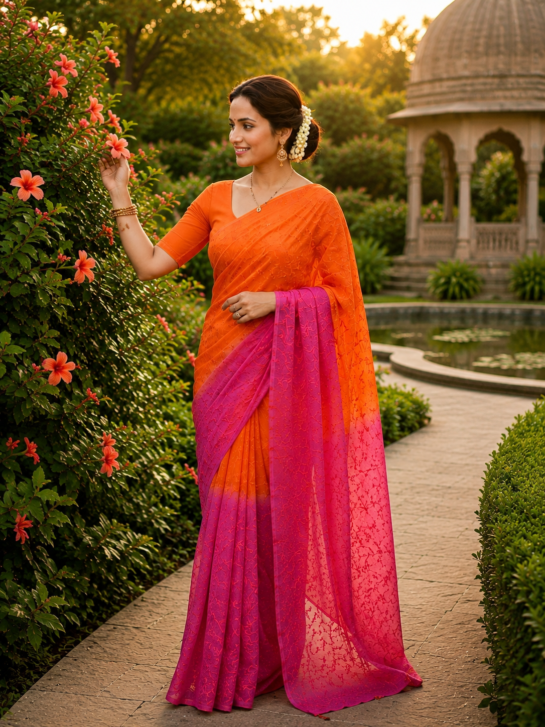 Work in doriya kota saree Sunset Bloom Orange & Pink Designer