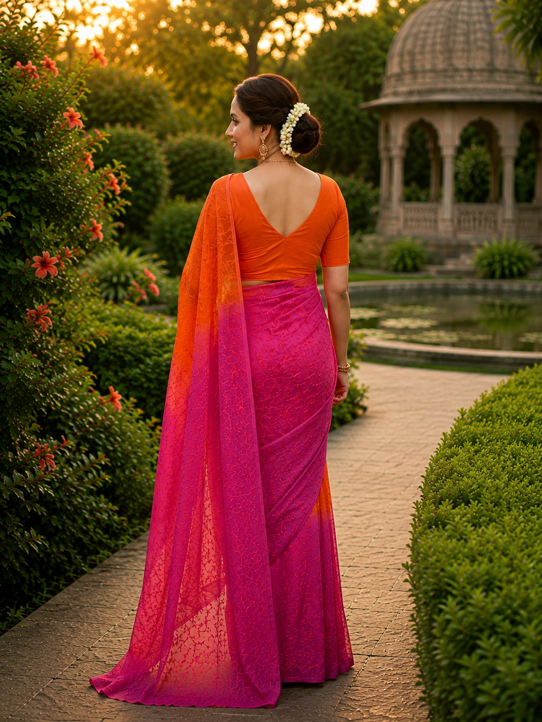 Work in doriya kota saree Sunset Bloom Orange & Pink Designer