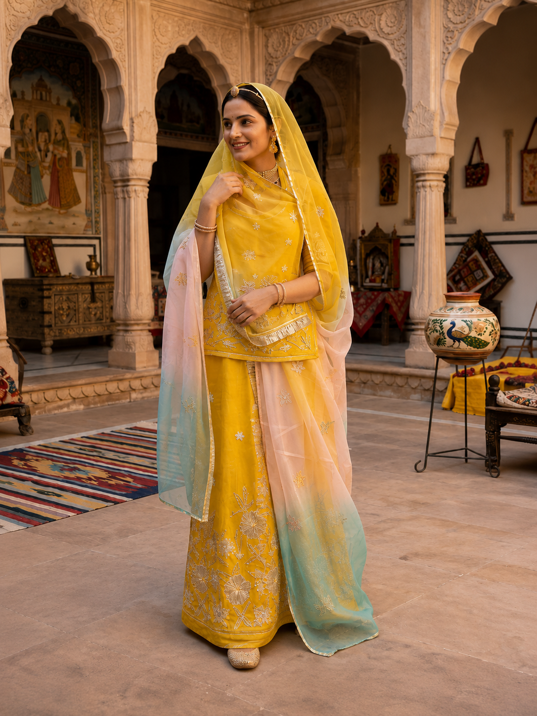 Royal Sunshine Yellow Embroidered Lehenga Set with Pastel Organza Dupatta