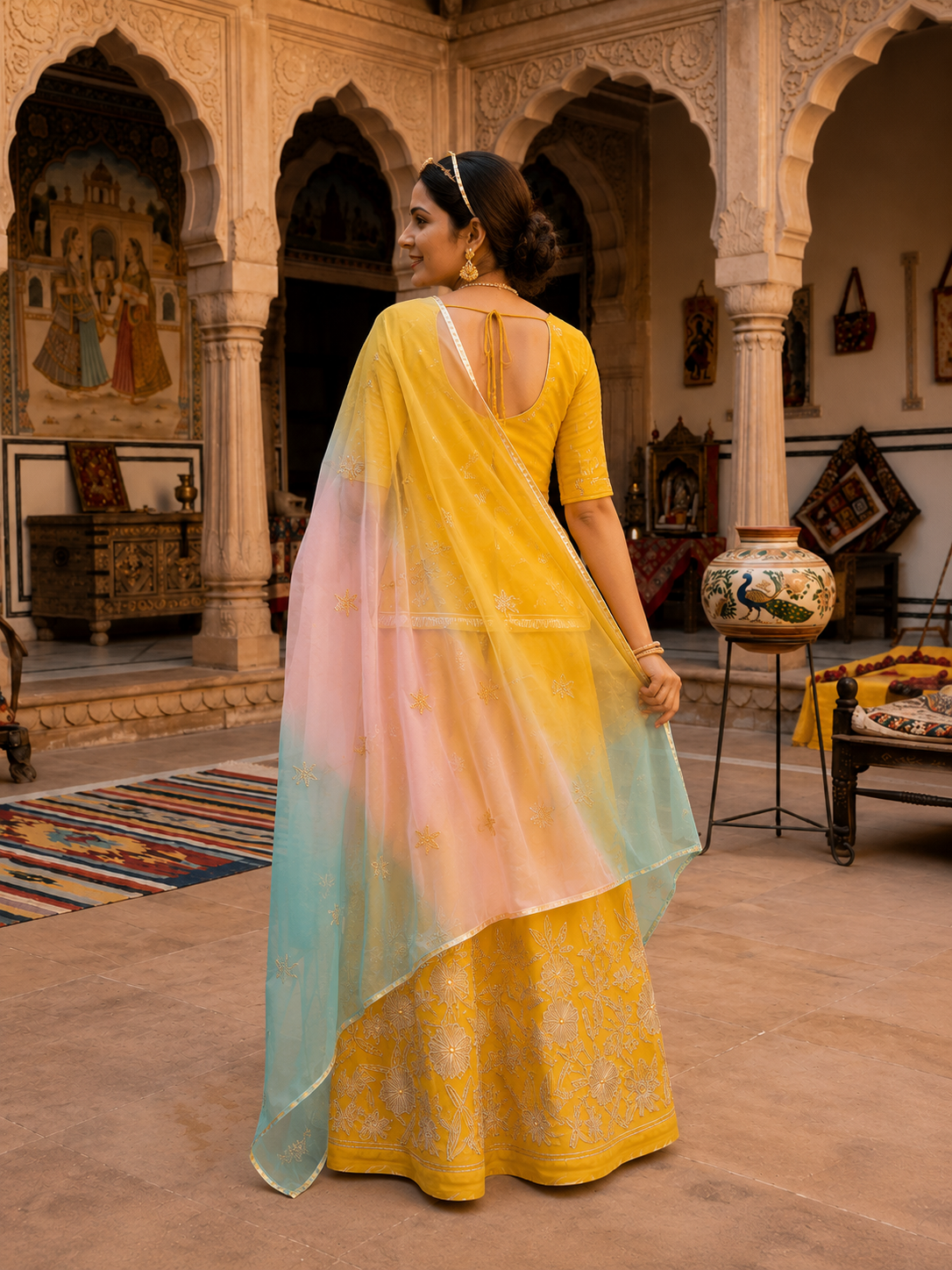 Royal Sunshine Yellow Embroidered Lehenga Set with Pastel Organza Dupatta