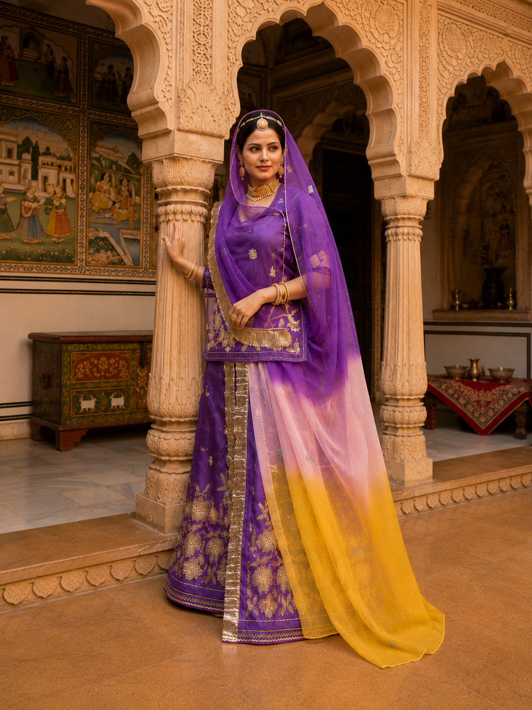 Royal Violet Embroidered Lehenga Set with Ombre Organza Dupatta