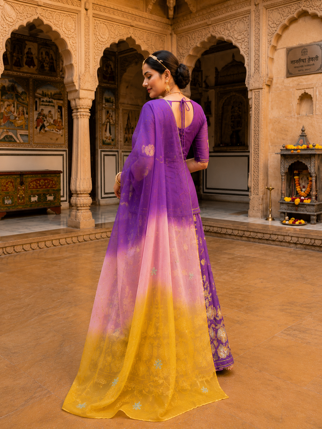 Royal Violet Embroidered Lehenga Set with Ombre Organza Dupatta