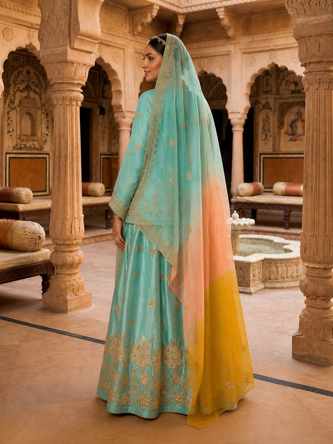 Aqua Blue Embroidered Lehenga Set with Ombre Dupatta
