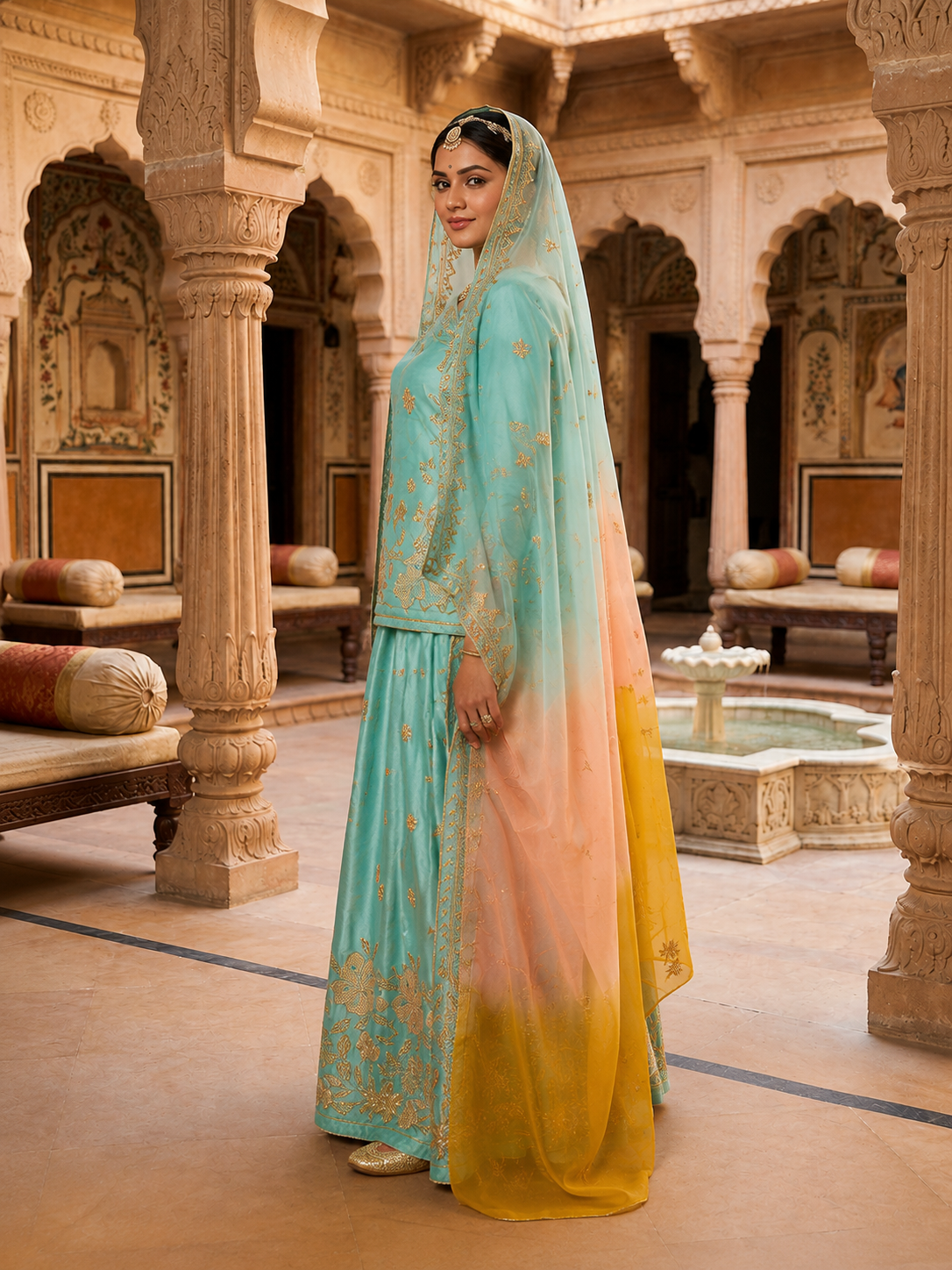 Aqua Blue Embroidered Lehenga Set with Ombre Dupatta