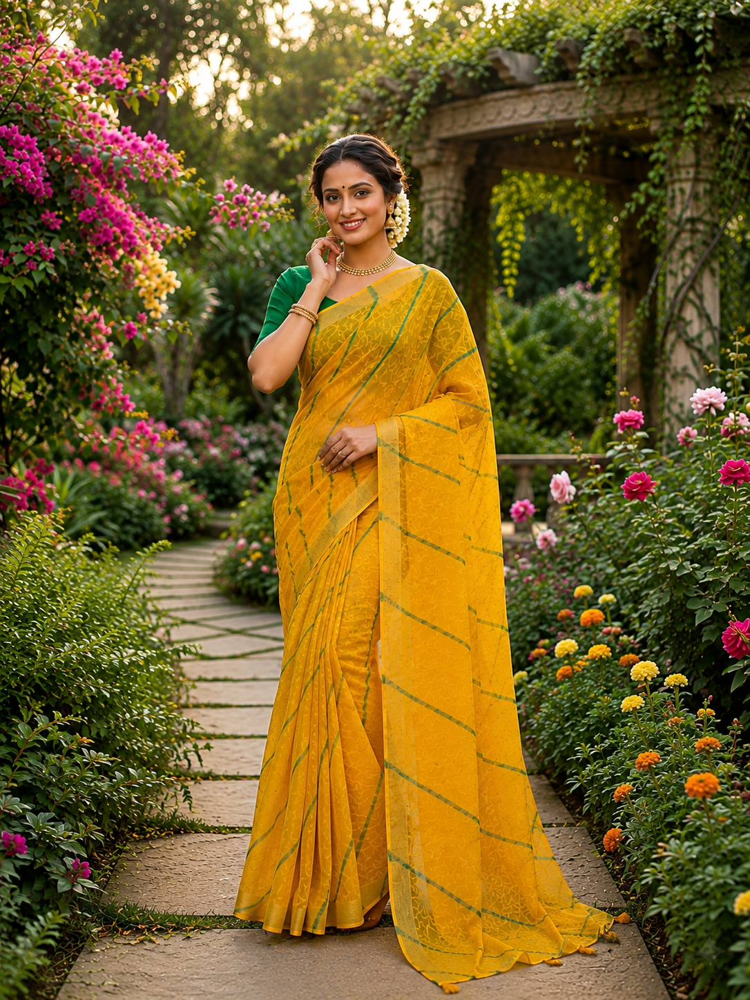 Sunshine Yellow Floral Saree with Green Designer Blouse