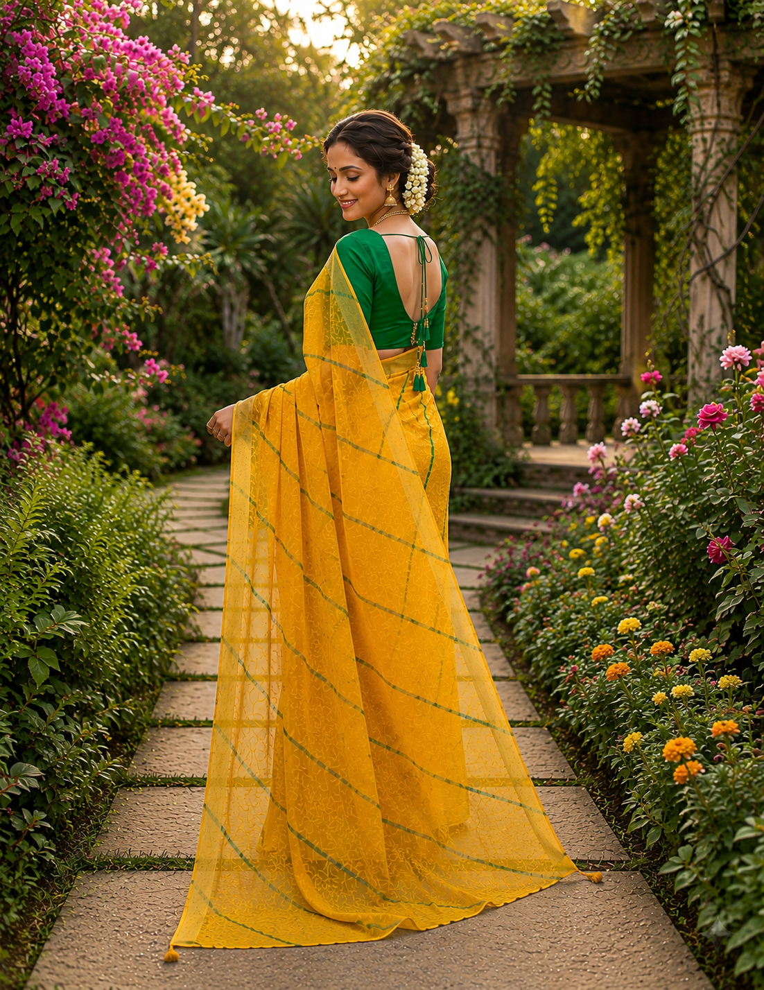Sunshine Yellow Floral Saree with Green Designer Blouse