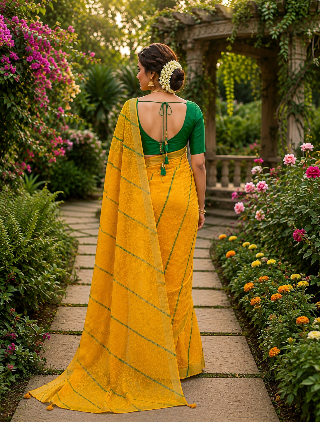 Sunshine Yellow Floral Saree with Green Designer Blouse