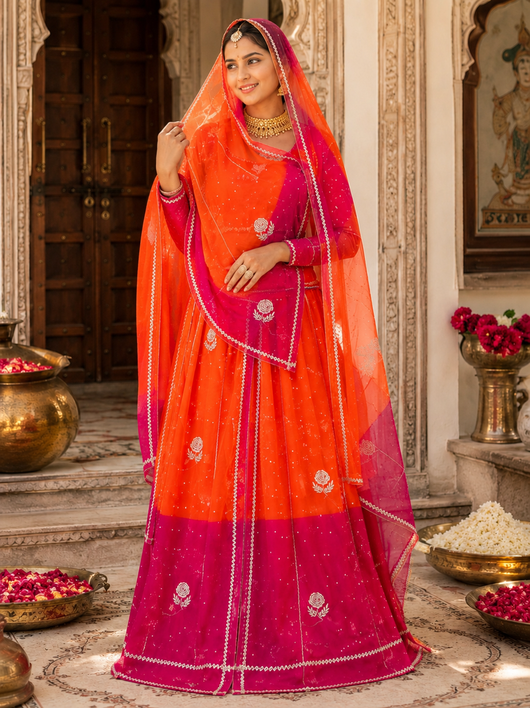 TORA Japan Odni Poshak With Elegant Zari Work – Orange & Sky Blue Collection