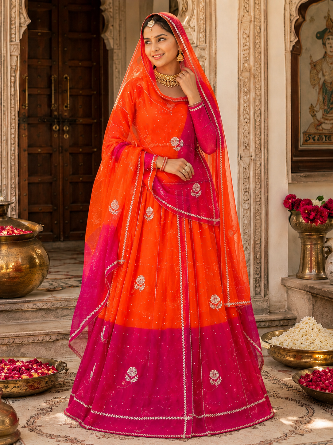 TORA Japan Odni Poshak With Elegant Zari Work – Orange & Sky Blue Collection
