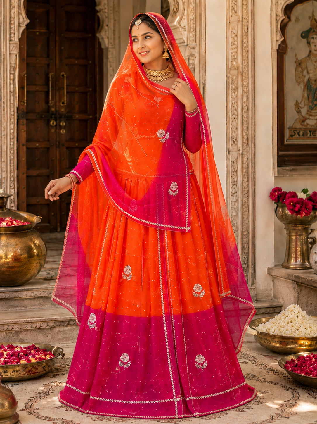 TORA Japan Odni Poshak With Elegant Zari Work – Orange & Sky Blue Collection