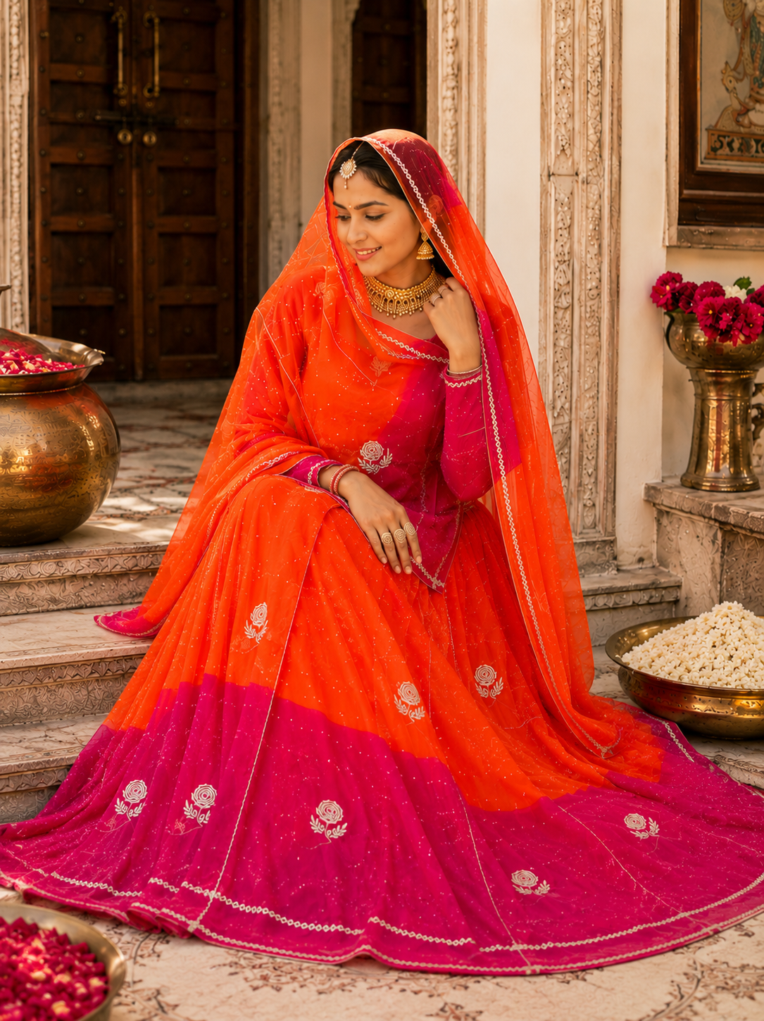 TORA Japan Odni Poshak With Elegant Zari Work – Orange & Sky Blue Collection