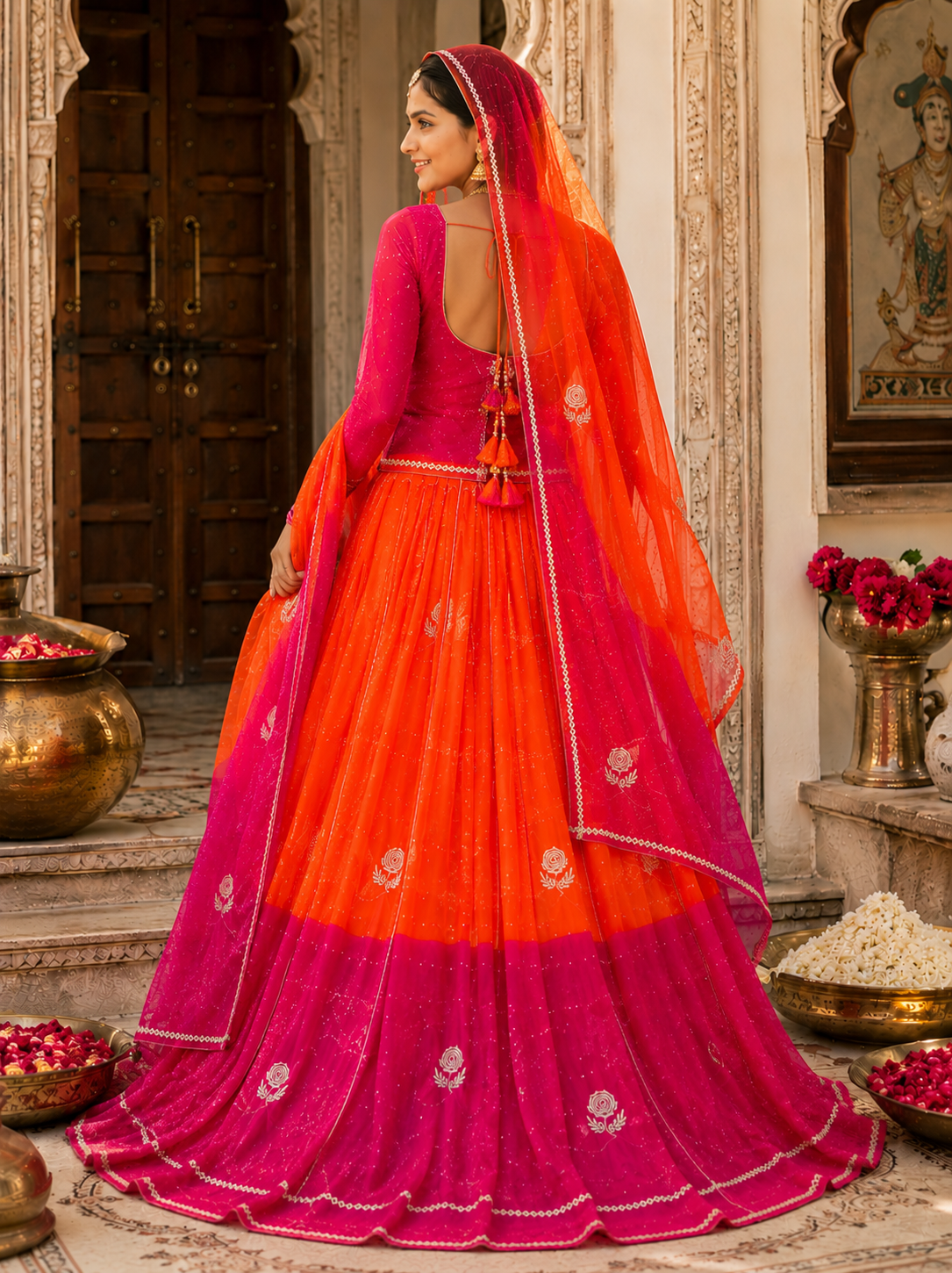 TORA Japan Odni Poshak With Elegant Zari Work – Orange & Sky Blue Collection