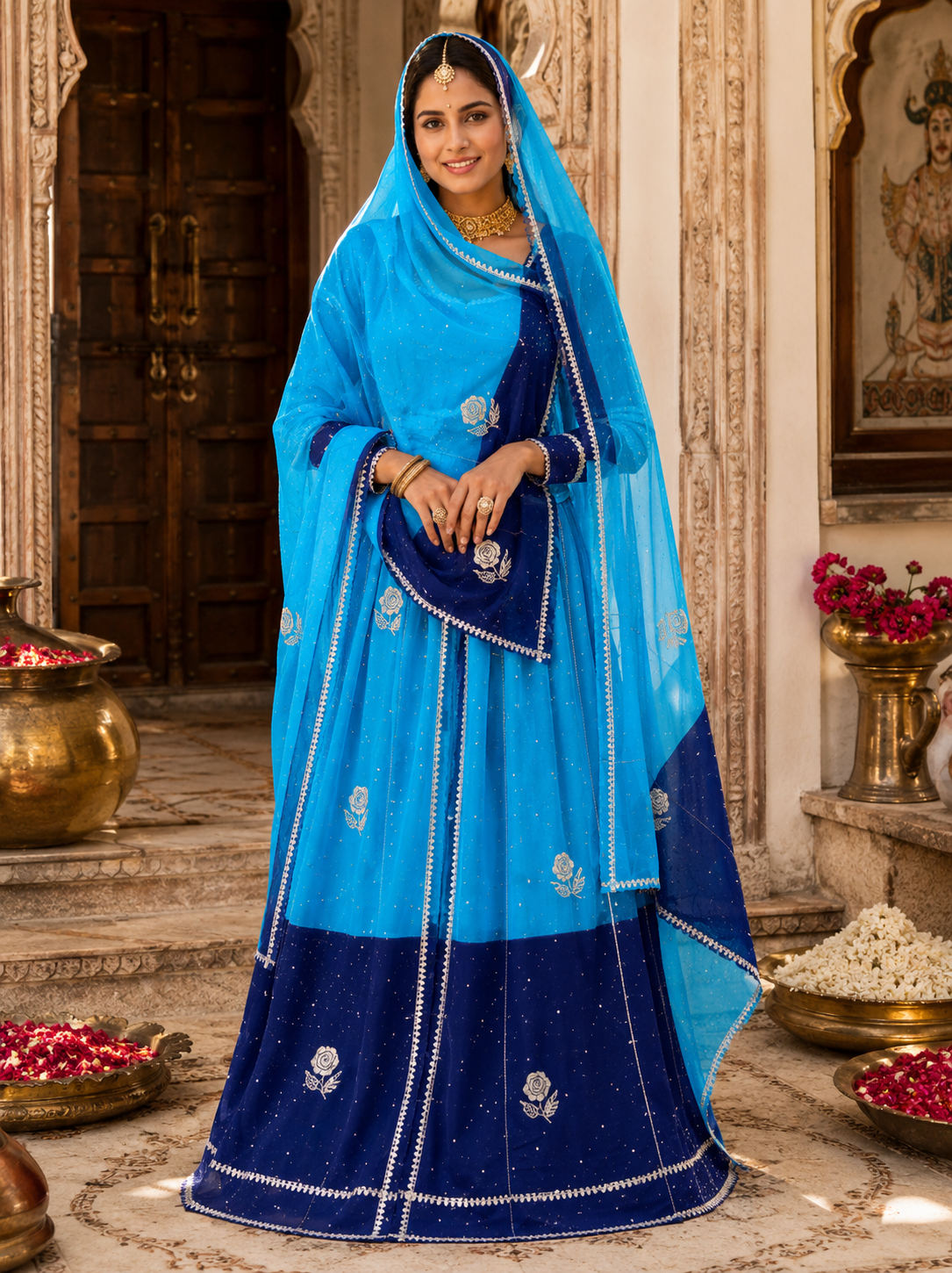 TORA Japan Odni Poshak With Elegant Zari Work – Orange & Sky Blue Collection