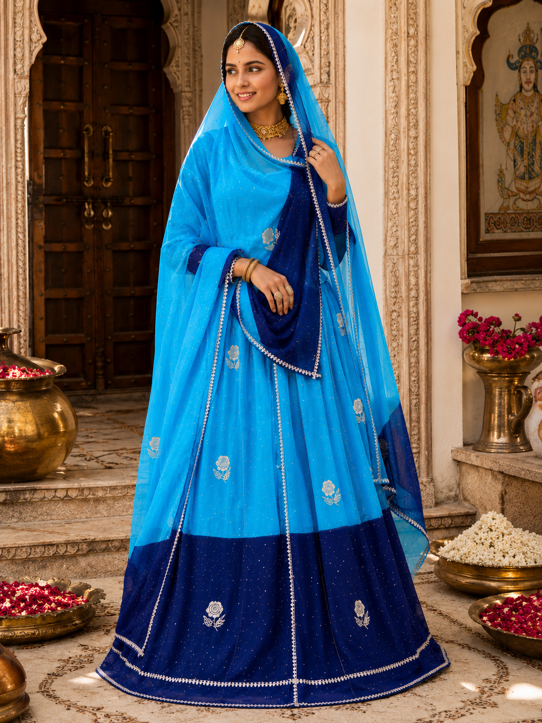TORA Japan Odni Poshak With Elegant Zari Work – Orange & Sky Blue Collection