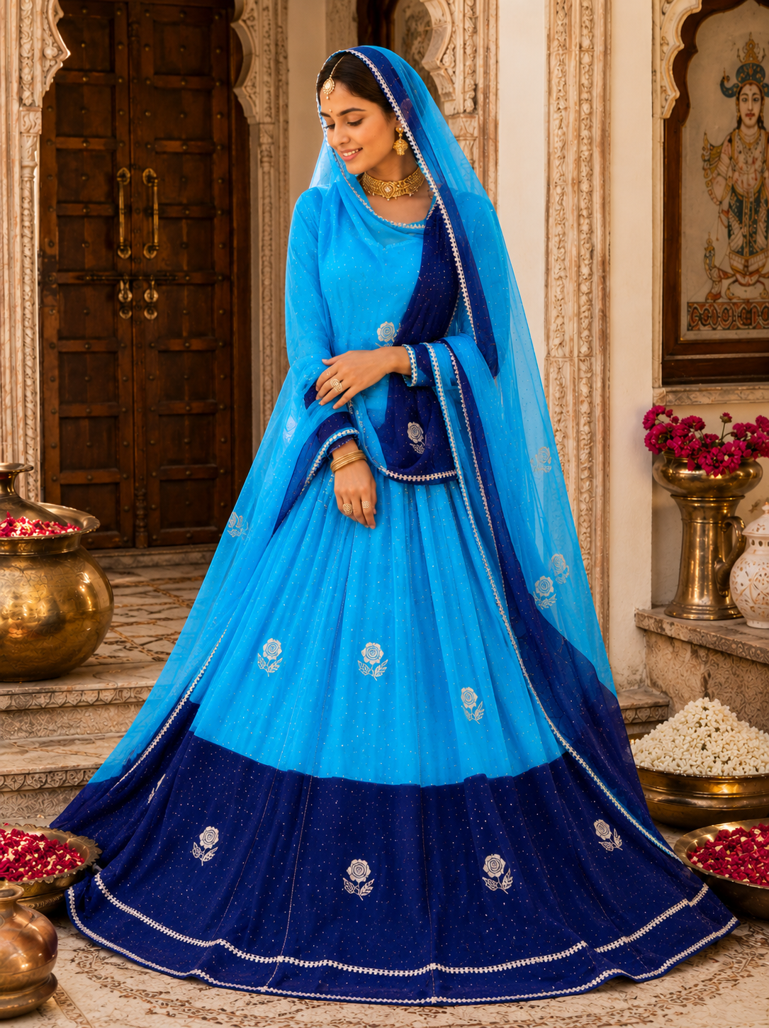 TORA Japan Odni Poshak With Elegant Zari Work – Orange & Sky Blue Collection