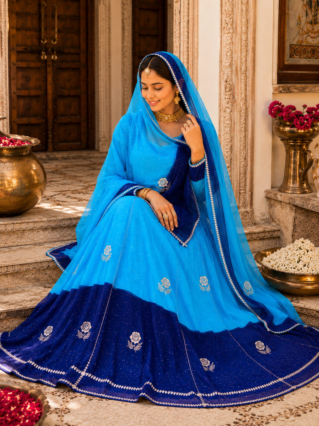 TORA Japan Odni Poshak With Elegant Zari Work – Orange & Sky Blue Collection
