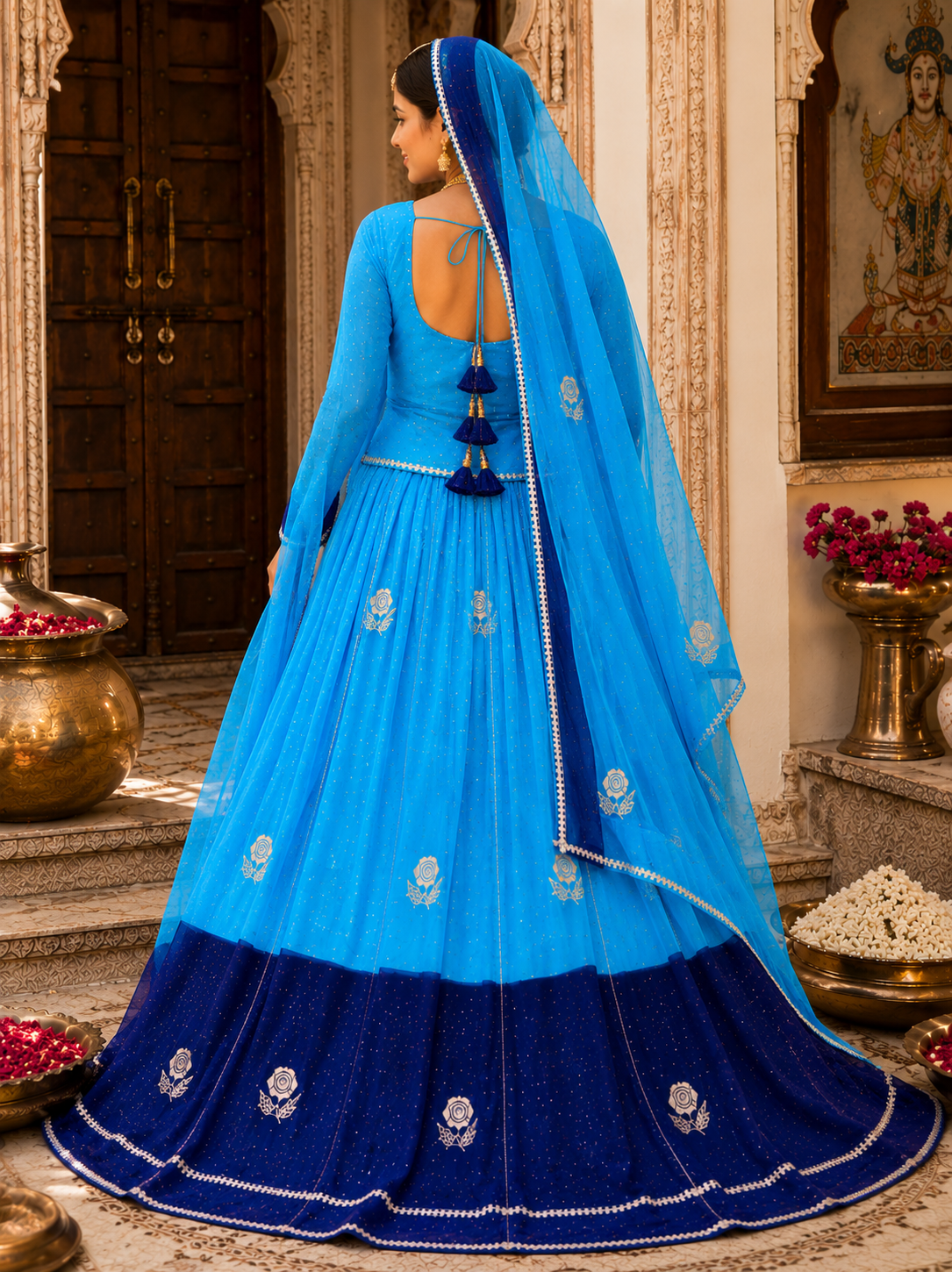 TORA Japan Odni Poshak With Elegant Zari Work – Orange & Sky Blue Collection