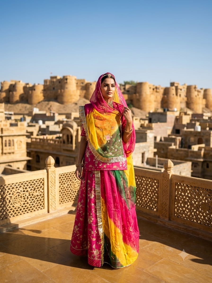 Premium Rajasthani Pink Bandhani Embroidered Poshak