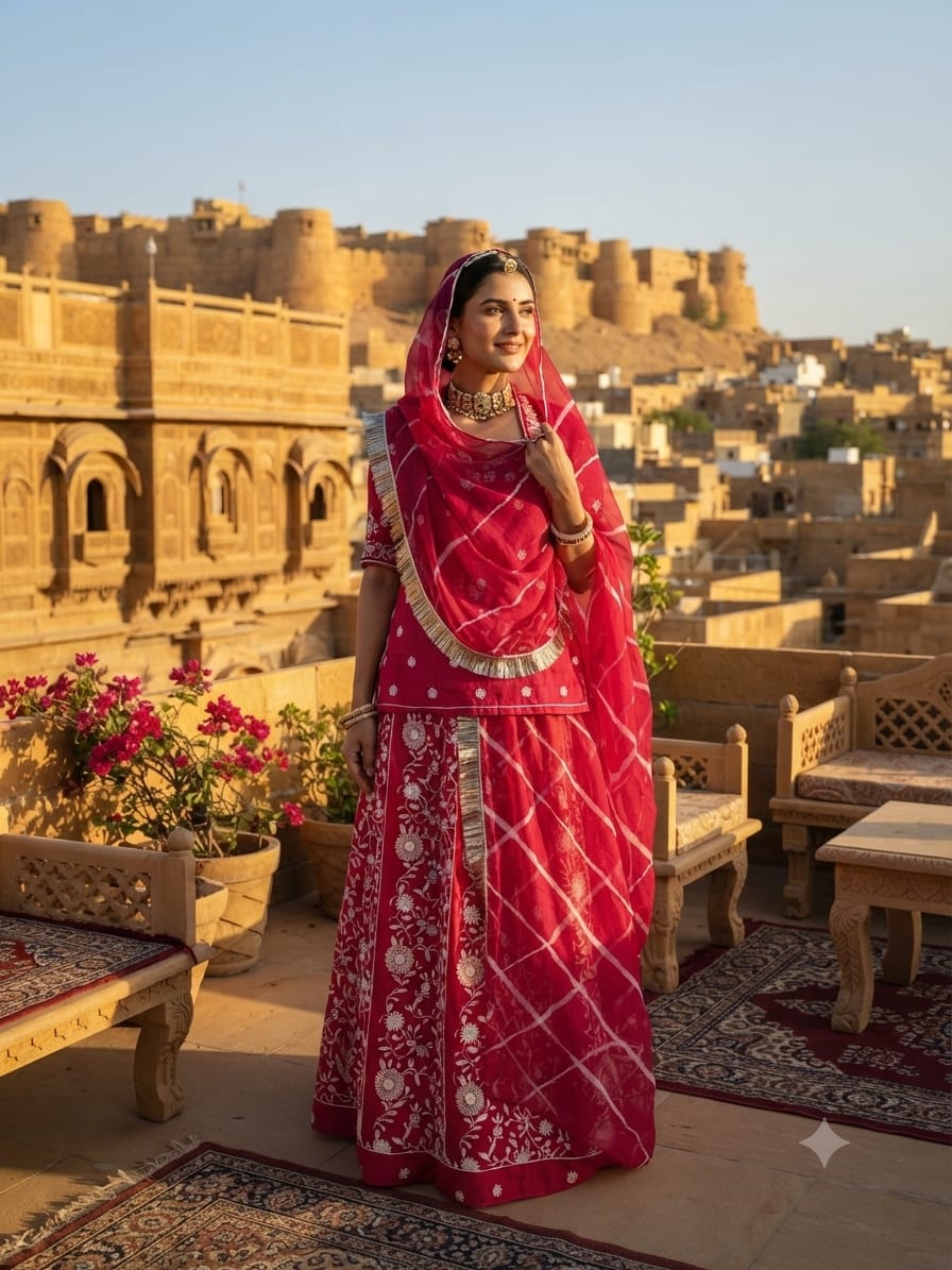 Premium Red Rajputi Poshak with Leheriya Odhani