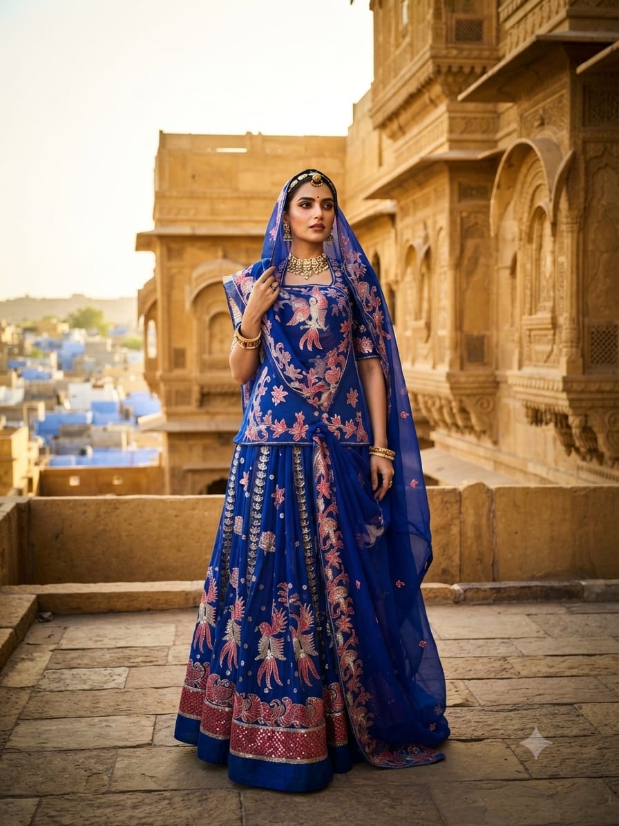 Heritage Royal Blue Rajputi Outfit with Embroidered Odhni