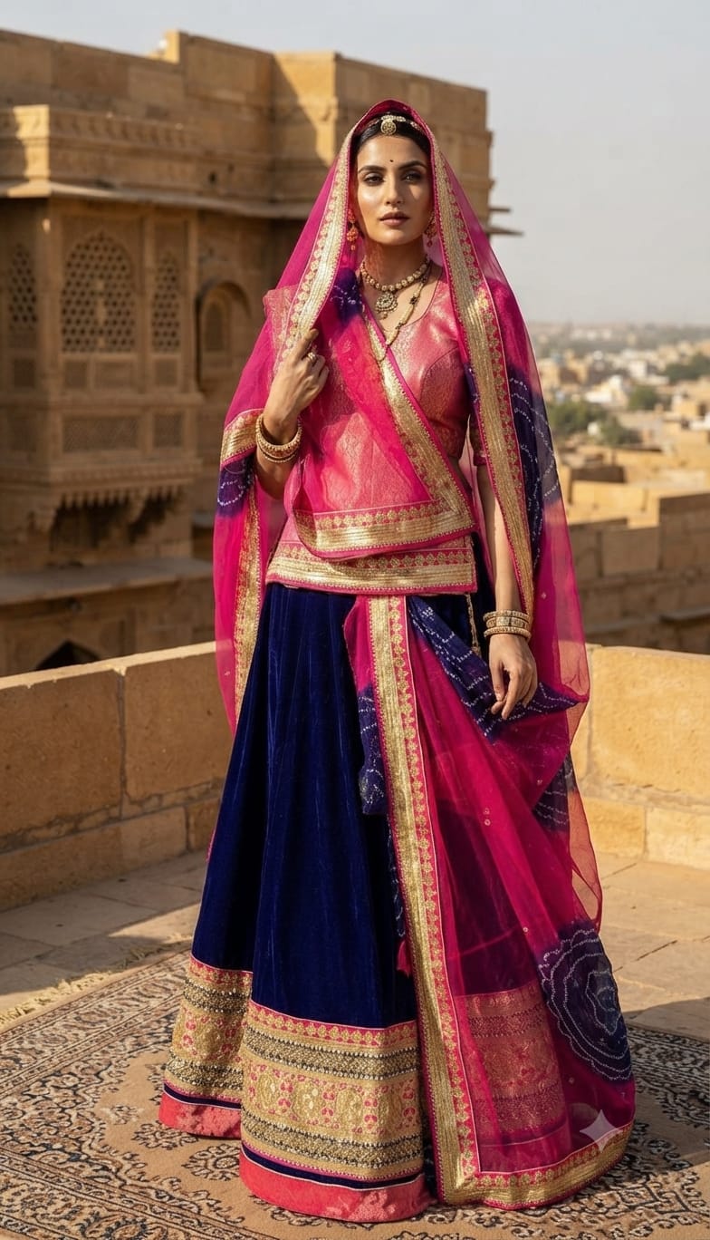 Royal Pink & Navy Blue Rajputi Poshak – Premium Fabric, Golden Border Work & Dual-Tone Designer Odhani