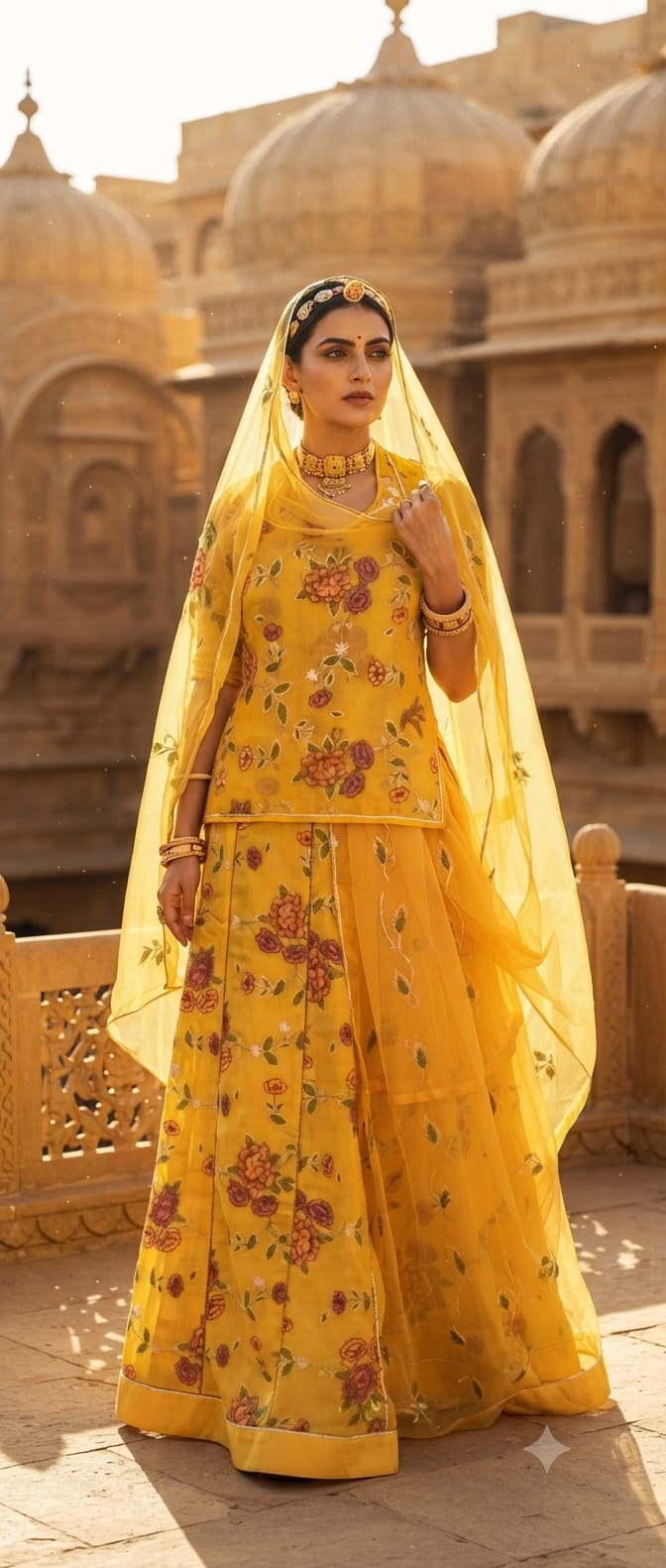 ✨ Royal Mustard Yellow Floral Organza Rajputi Poshak ✨