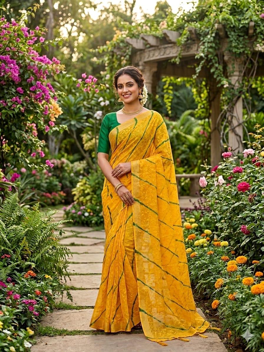 Sunshine Yellow Floral Saree with Green Designer Blouse