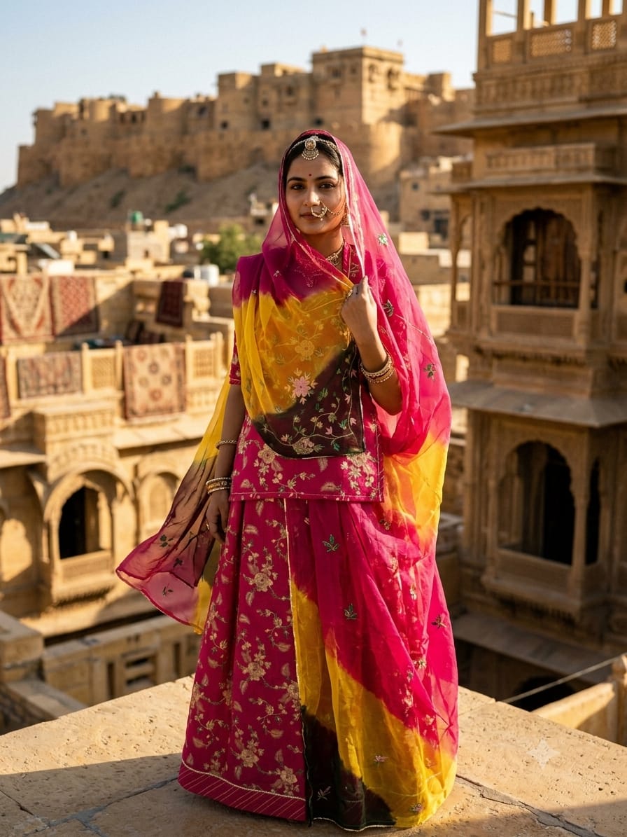 Premium Rajasthani Pink Bandhani Embroidered Poshak
