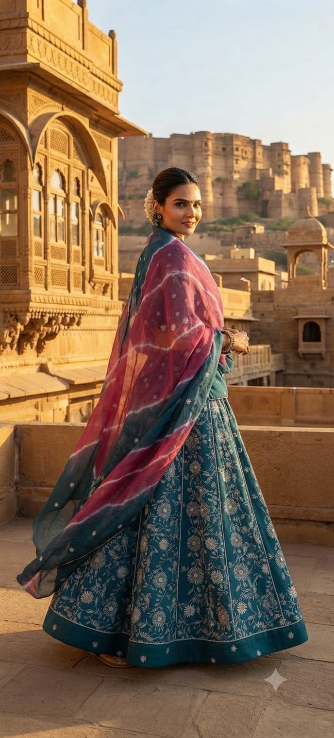 Elegant Rajputi Suit | Cotton Kurti, Ghaghra & Leheriya Odhani- wine & more peach