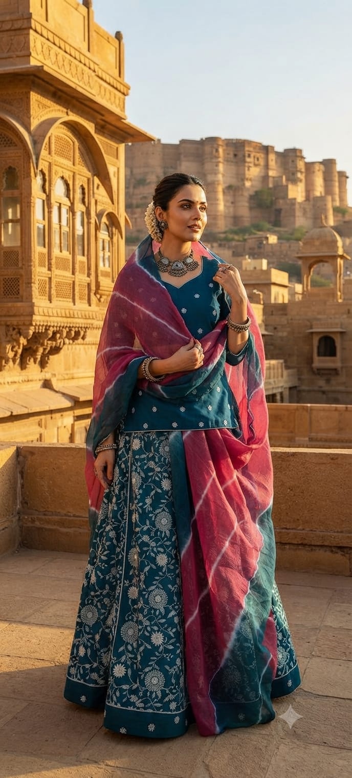 Elegant Rajputi Suit | Cotton Kurti, Ghaghra & Leheriya Odhani- wine & more peach