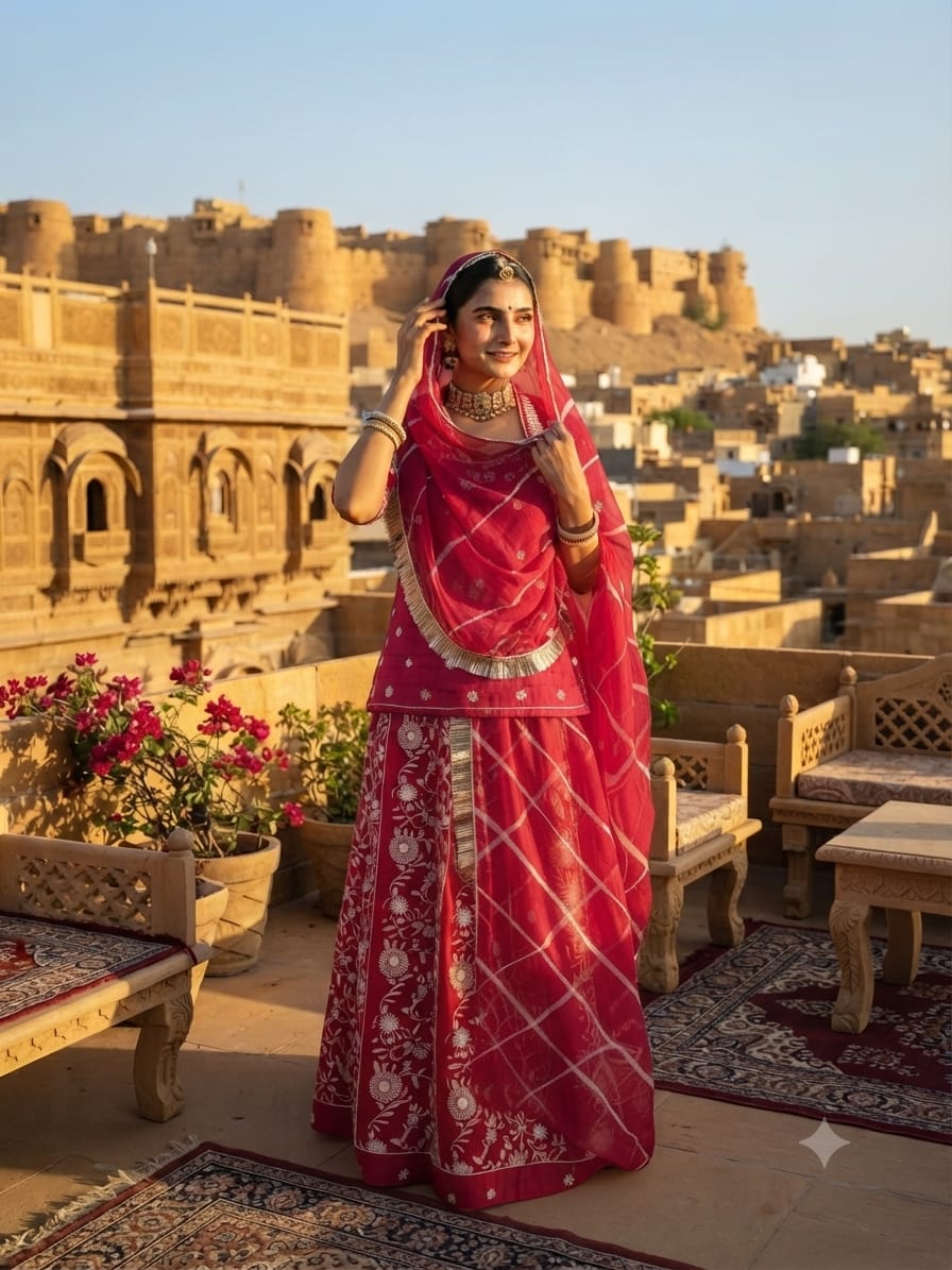 Premium Red Rajputi Poshak with Leheriya Odhani