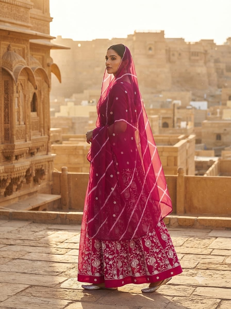 Premium Red Rajputi Poshak with Leheriya Odhani