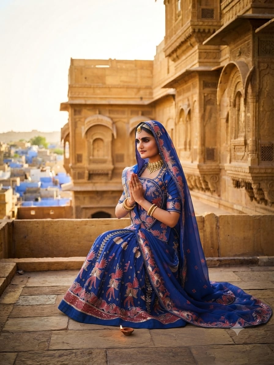 Heritage Royal Blue Rajputi Outfit with Embroidered Odhni