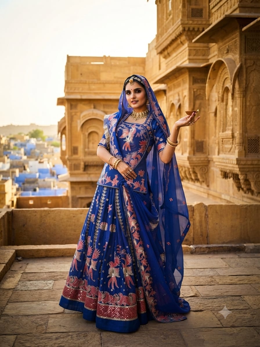 Heritage Royal Blue Rajputi Outfit with Embroidered Odhni