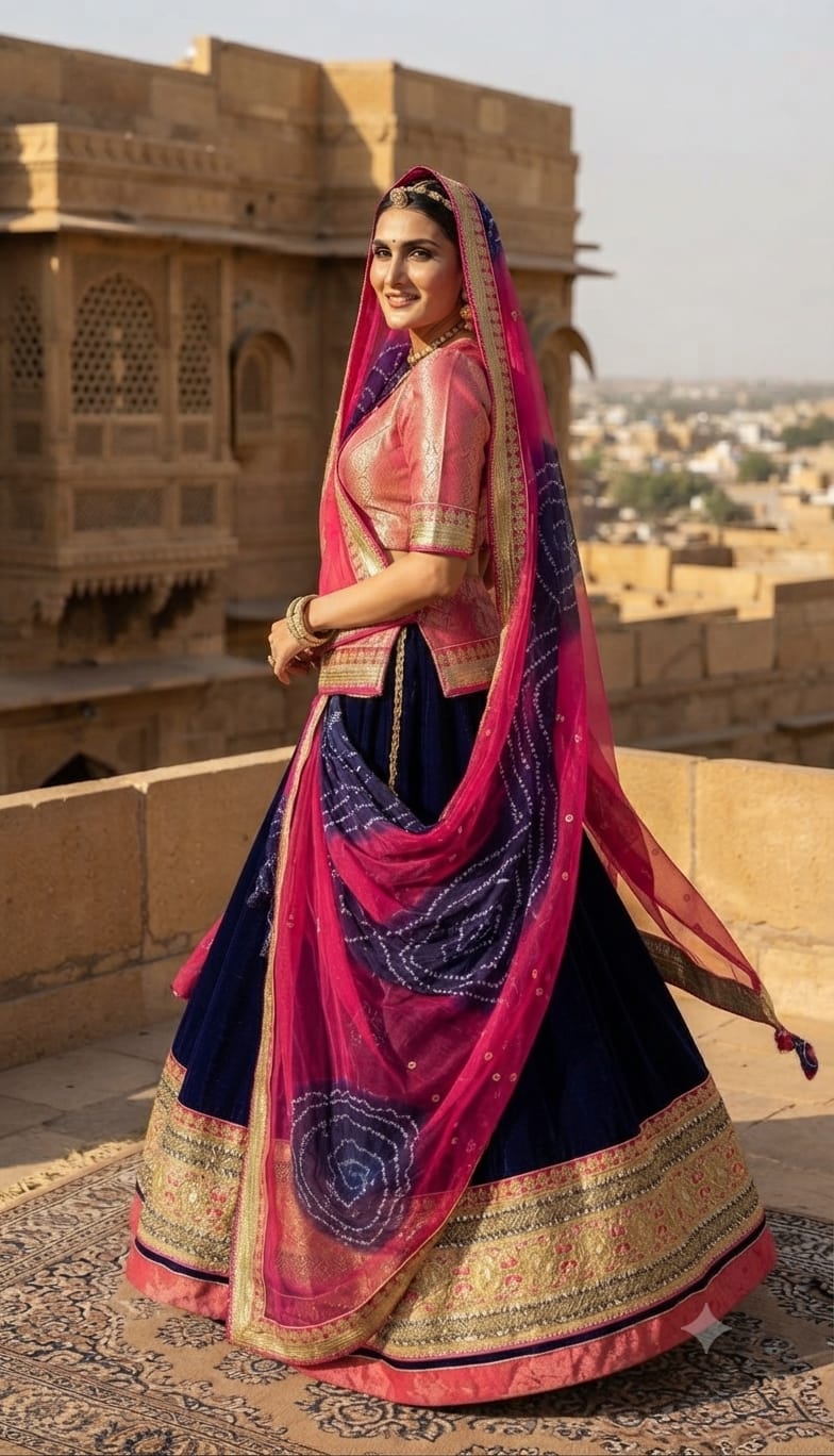 Royal Pink & Navy Blue Rajputi Poshak – Premium Fabric, Golden Border Work & Dual-Tone Designer Odhani