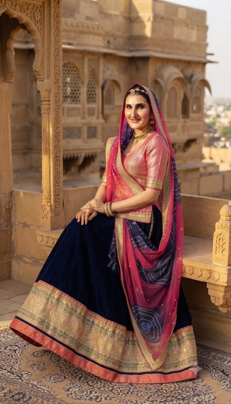 Royal Pink & Navy Blue Rajputi Poshak – Premium Fabric, Golden Border Work & Dual-Tone Designer Odhani