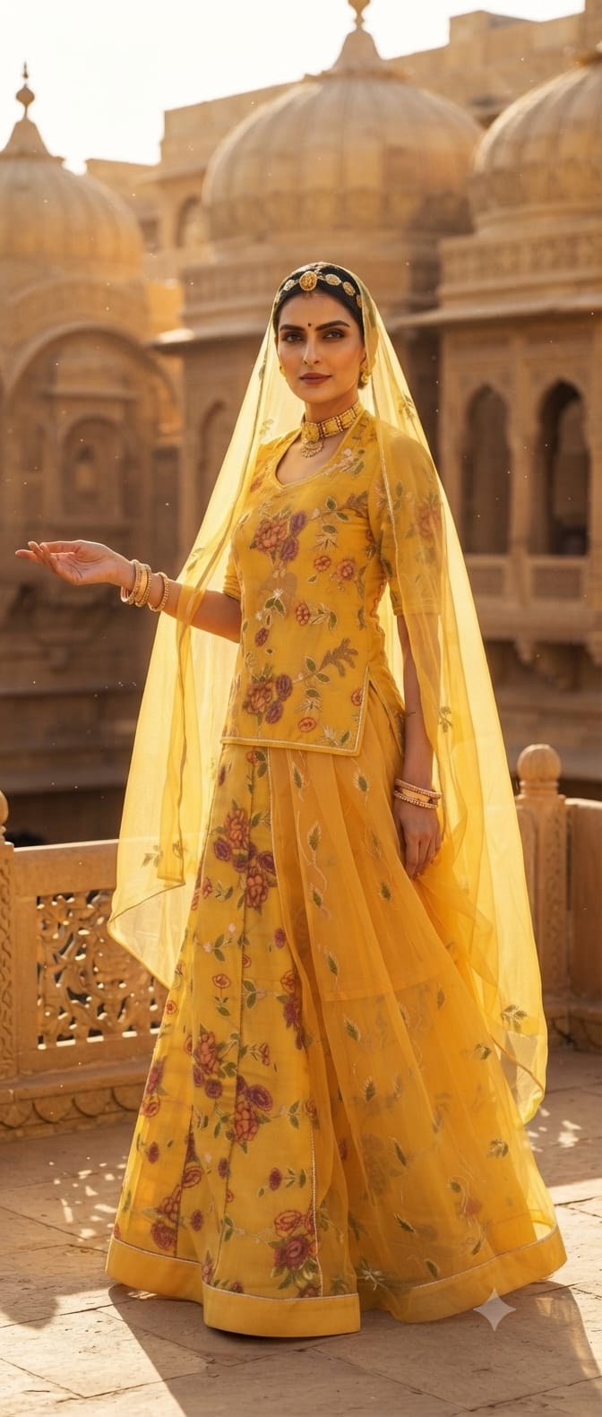 ✨ Royal Mustard Yellow Floral Organza Rajputi Poshak ✨