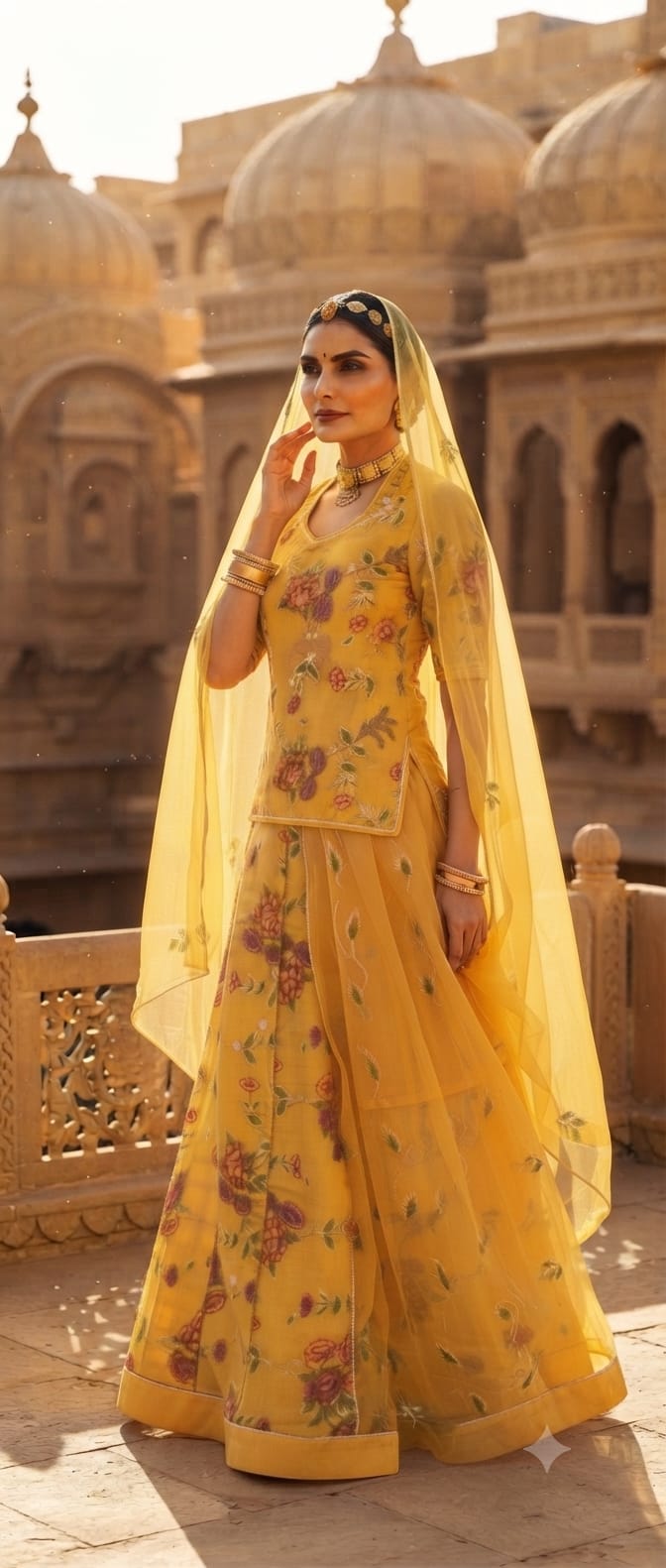 ✨ Royal Mustard Yellow Floral Organza Rajputi Poshak ✨